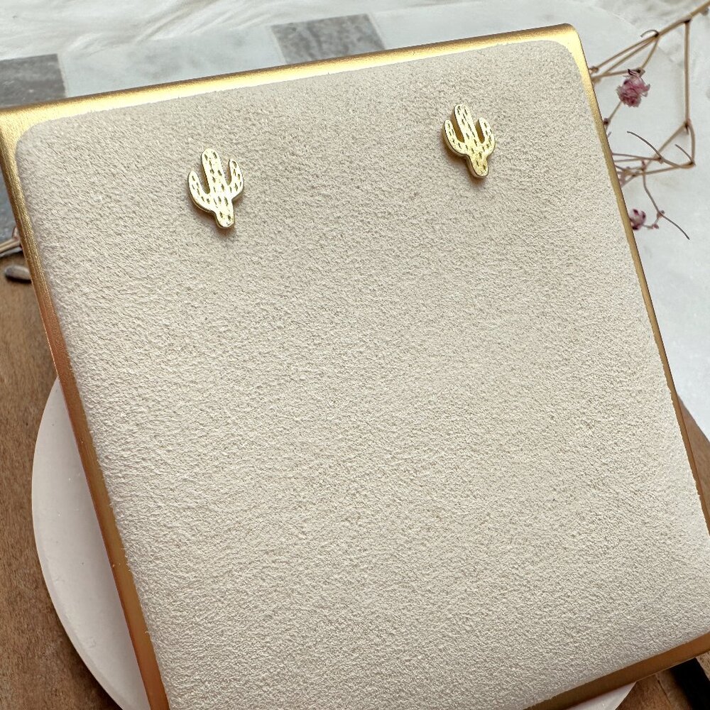 Small Satin Gold Cactus Stud Earrings | 14k Gold Plated Sterling Silver